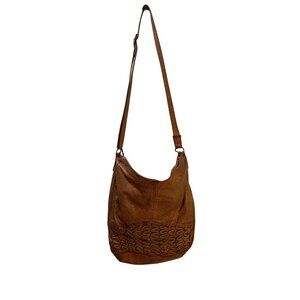 Brown Leather Hobo Shoulder Bag With Woven Detail & Adjustable Strap